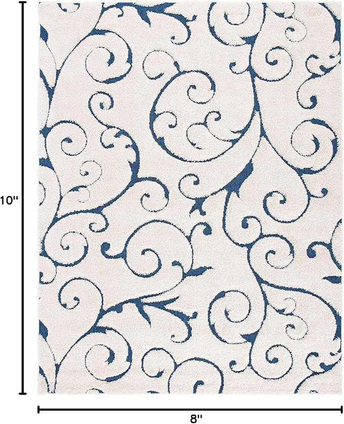 SAFAVIEH Area Rug 8x10 - Florida Shag Collection - Large - Cream & Blue, Scroll Design, Non-Shedding & Easy Cleaning, Plush Thick Pile, Ideal for Living Room, Bedroom, Dining Space (SG455-1165)