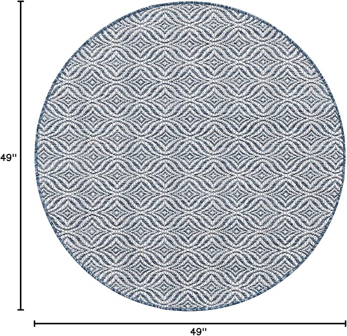 Unique Loom Outdoor Trellis Collection Area Rug - Deco Trellis (4' 1" Round, Blue/ Ivory)