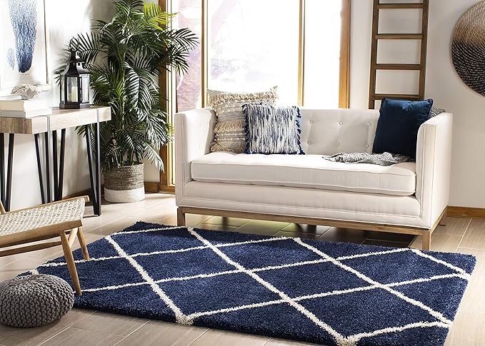 SAFAVIEH Area Rug 8x10 - Hudson Shag Collection - Large - Navy & Ivory, Trellis Pattern, Non-Shedding & Easy Cleaning, Ultra Plush Thick Pile, Ideal for Living Room, Bedroom, Dining Space (SGH281C)