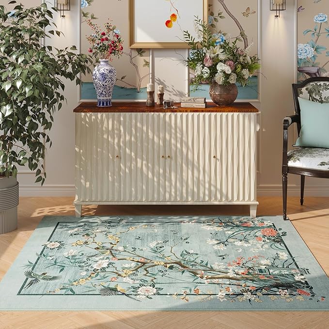 4x6 Rug Chinoiserie-Style Floral Vintage Washable Area Rugs Non Slip Low Pile Small Carpet for Bedroom, Bedside, Kids Room, Office, Dining Room, Blue