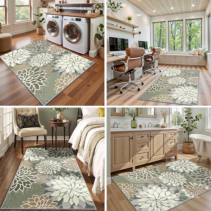 Area Rug 3x5 Brown White Washable Entry Rug Multicolored Tropical Botanical Modern Floral Indoor Kitchen Door Mat Entrance Carpet Non Slip for Bedroom Living Room, Porch
