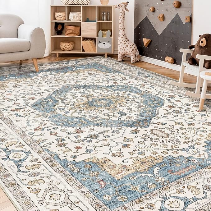 Area Rug for Living Room - 5x7 Soft Washable Oriental Vintage Floral Distressed Large Carpet - Fade Stain Resistant Non Slip Rugs for Bedroom Dining Room Nursery Dorm Office Home Decor - Blue/Beige