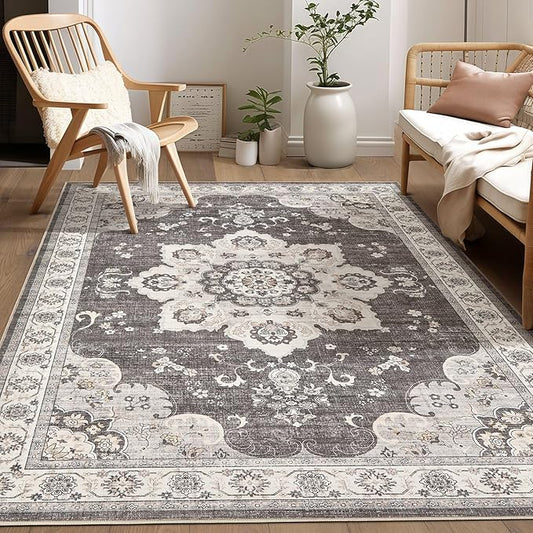 Area Rug for Living Room - 5x7 Soft Washable Oriental Vintage Floral Distressed Large Carpet - Fade Stain Resistant Non Slip Rugs for Bedroom Dining Room Nursery Dorm Office Home Decor - Brown/Grey