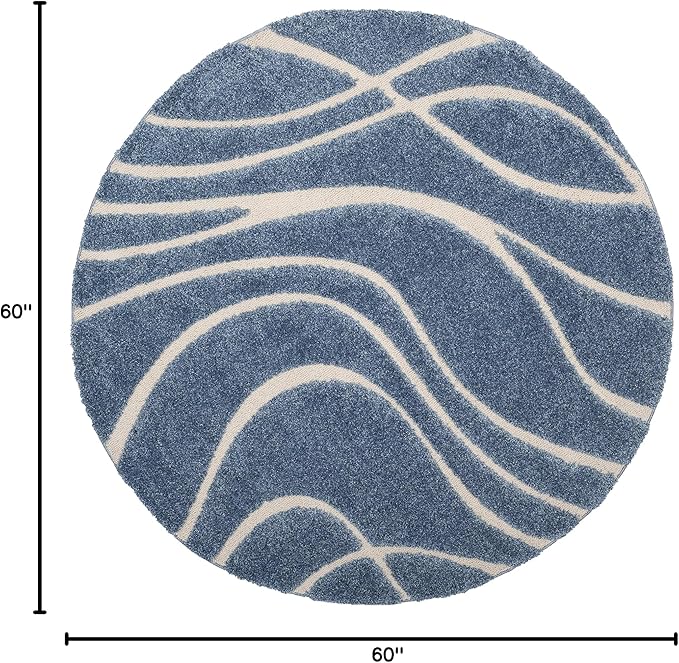 SAFAVIEH Florida Shag Collection 5' Round Light Blue/Cream SG471 Abstract Wave Non-Shedding Living Room Bedroom Dining Room Entryway Plush 1.2-inch Thick Area Rug