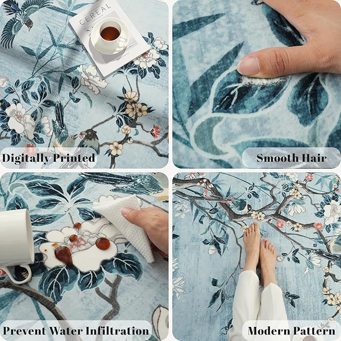 3x5 Washable Rug Chinoiserie-Style Floral Vintage Area Rug Non Slip Low Pile Small Carpet for Bedroom, Bedside, Kitchen, Entryway, Kids Room, Office, Blue