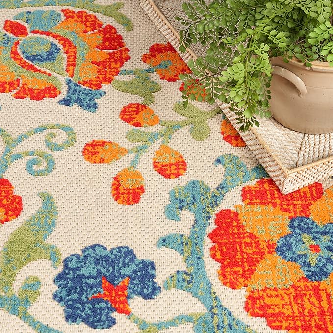 Nourison Home Aloha Indoor/Outdoor Red Multicolor 9' x 12' Area Rug, Easy Cleaning, Non Shedding, Bed Room, Living Room, Dining Room, Backyard, Deck, Patio (9x12)