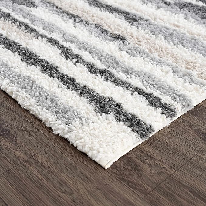 Hauteloom Lux Shag - Moroccan Farmhouse Living Room Shaggy Area Rug - Bohemian Shag Rug - Plush High Pile - Southwestern Boho Soft Carpet - Tribal Aztec - Grey, Off White, Beige - 5'3" x 7'3"