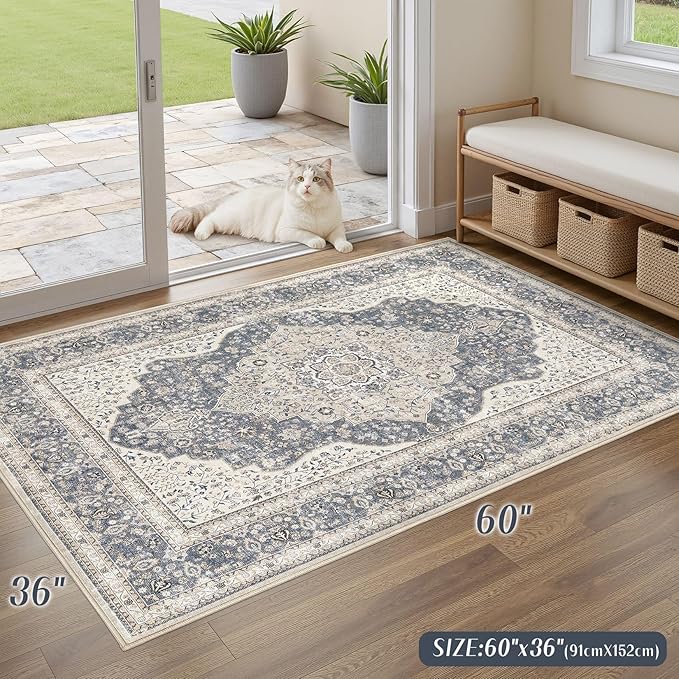 3x5 Washable Entryway Rug: Non-Slip Soft Indoor Throw Area Rug for Living Room Bedroom Kitchen, Boho Floral Distressed Durable Carpet for Hallway Bathroom Laundry Home Decor (Blue/Beige)