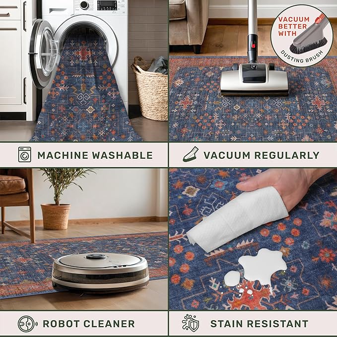 6x9 Dining Room Rugs for Under Table - Washable Area Rug for Living Room, Low Pile Non-Slip Rugs for Bedroom - Navy Blue & Terracotta Vintage Boho Eclectic Home Decor