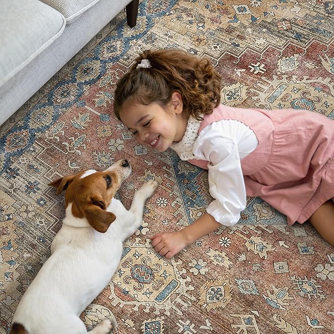 GENIMO 6x9 Area Rugs for Living Room, Machine Washable Non Slip Vintage Rugs, Low Pile Lightweight Chenille Print Rug for Bedroom, Dining Room, Home Office, Antique Red