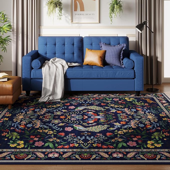 9x12 Area Rugs for Living Room Washable Rug Floral Non-Slip Large Rug for Living Room, Bedroom, Farmhouse, Dining Room, Kids Playroom (Blue)