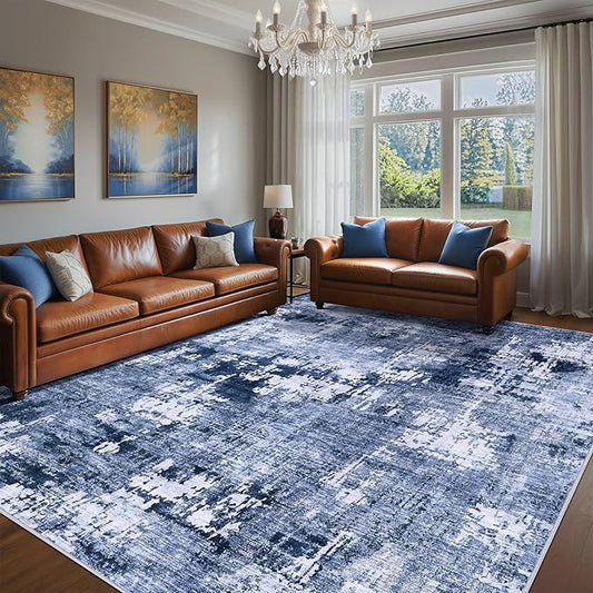 Area Rug Living Room Rugs - 10x12 Large Soft Indoor Neutral Modern Abstract Low Pile Washable Rug Carpet for Bedroom Dining Room Farmhouse Home Office - Navy Blue