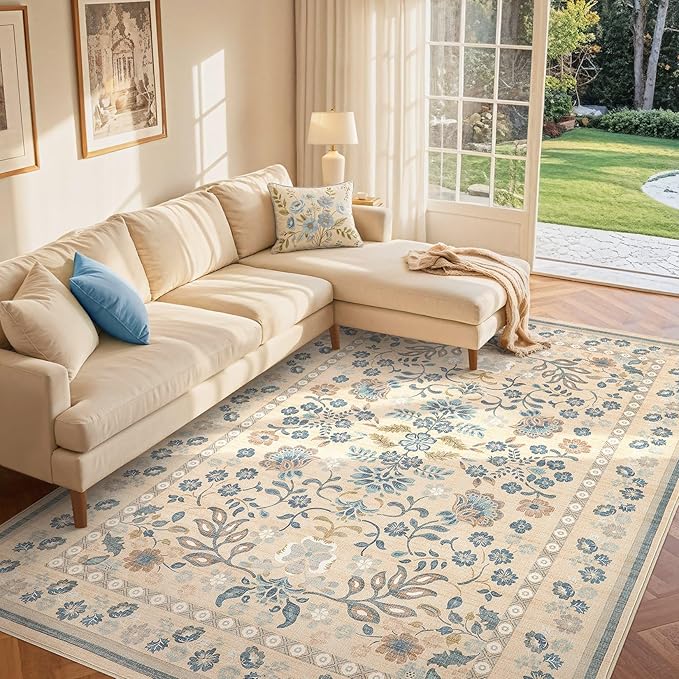 5x7 Area Rug Living Room Rugs Thickened - Washable Boho Vintage Floral Large Soft Non Slip Thin Rug Low Pile Carpet for Bedroom Dining Room Kids Playroom Office Decor Indoor- Multi Color