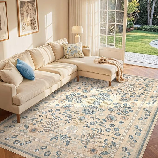 5x7 Area Rug Living Room Rugs Thickened - Washable Boho Vintage Floral Large Soft Non Slip Thin Rug Low Pile Carpet for Bedroom Dining Room Kids Playroom Office Decor Indoor- Multi Color