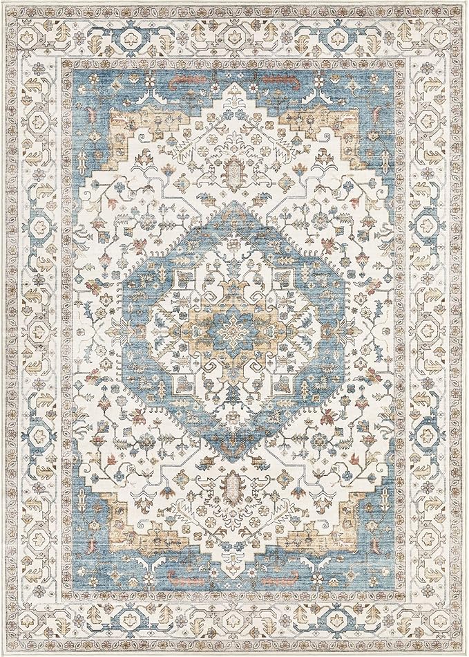 Area Rug for Living Room - 5x7 Soft Washable Oriental Vintage Floral Distressed Large Carpet - Fade Stain Resistant Non Slip Rugs for Bedroom Dining Room Nursery Dorm Office Home Decor - Blue/Beige