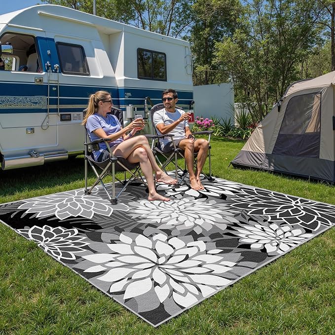 Indoor Outdoor Area Rug Washable Multicolored Rug Tropical Botanical Modern Floral Indoor Outdoor Carpet Black White Rug Non Slip Non Shedding for Patio, Deck, Backyard, Porch (5x8)