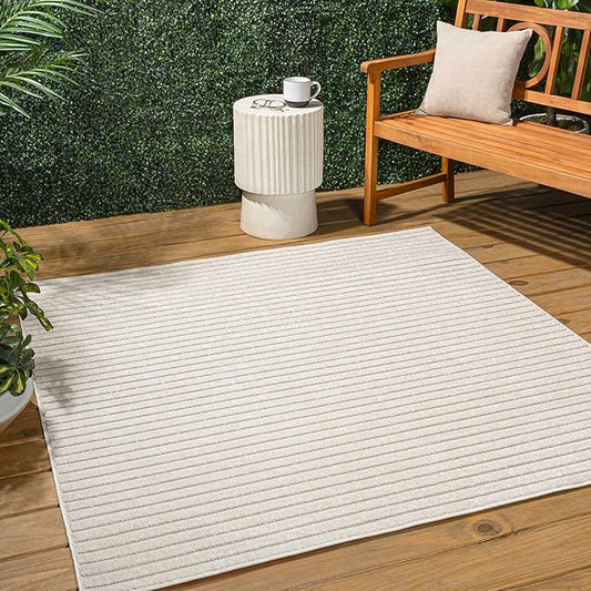 JONATHAN Y Aarhus High-Low Striped Ivory/Cream 8x8 Square Indoor/Outdoor Area Rug, Minimalist Geometric, Pet Friendly, Non-Shedding, Stain Resistant, Easy-Cleaning for Backyard, Patio (SCN102B-8SQ)