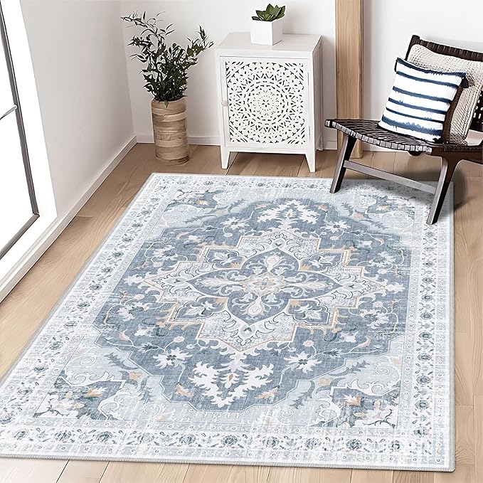 4x6 Washable Area Rug with Non-Slip Backing Low-Pile Soft Bohemian Distressed Boho Printed Rug for Living Room, Entryway, Bedroom, Home Office, Farmhouse- Blue/Gray