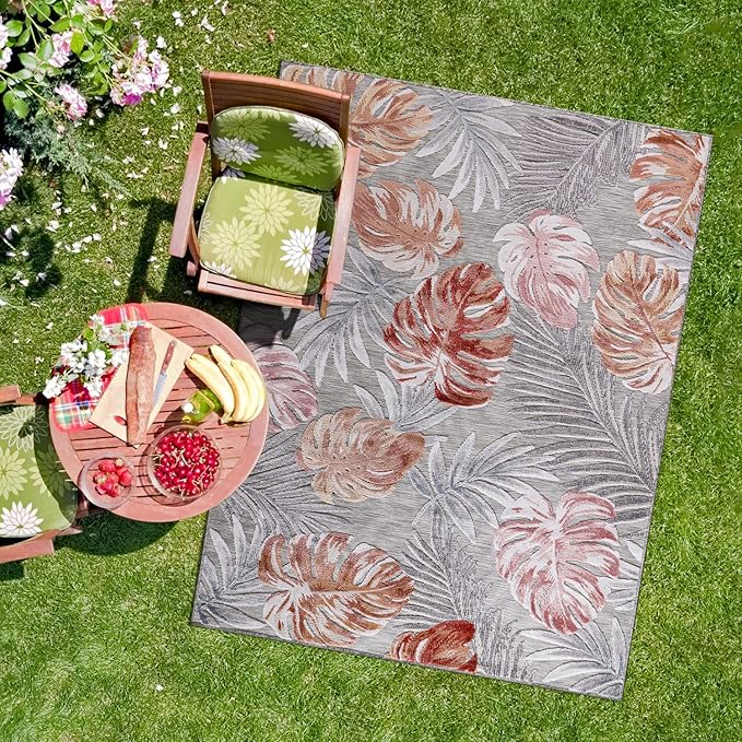 CAMILSON Indoor Outdoor Rug, Multi Color 6?셹9??Leaf Tropical Botanical Area Rugs for Indoor and Outdoor patios, Easy-Cleaning Non-Shedding Living Room, Garden and Kitchen Washable Outside Carpet (6x9)