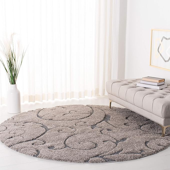 SAFAVIEH Florida Shag Collection Area Rug - 5' Round, Grey & Light Blue, Scroll Design, Non-Shedding & Easy Care, 1.2-inch Thick Ideal for High Traffic Areas in Living Room, Bedroom (SG455-1160)