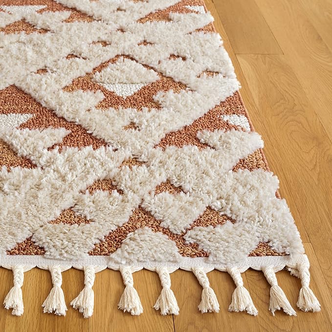 SAFAVIEH Moroccan Tassel Shag Collection Runner Rug - 2'3" x 8', Ivory & Brick Rust, Plush 2-inch Thick, Ideal for High Traffic Areas in Living Room, Bedroom, Dining Room (MTS688P-28)