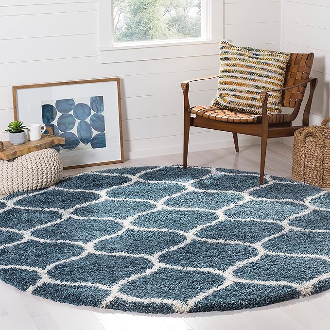 SAFAVIEH Hudson Shag Collection 7' Round Slate Blue/Ivory SGH280L Moroccan Ogee Trellis Non-Shedding Living Room Bedroom Dining Room Entryway Plush 2-inch Thick Area Rug