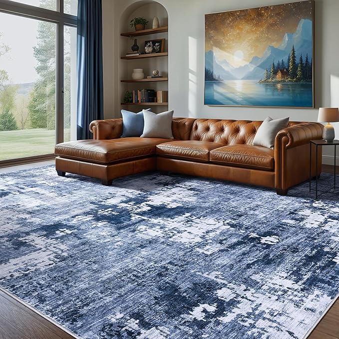 Area Rug Living Room Rugs - 10x12 Large Soft Indoor Neutral Modern Abstract Low Pile Washable Rug Carpet for Bedroom Dining Room Farmhouse Home Office - Navy Blue