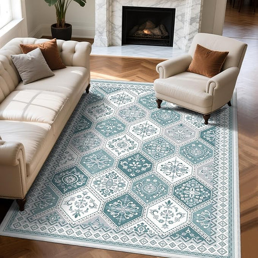 6x9 Washable Area Rug with Non-Slip Backing Low-Pile Soft Moroccan Printed Rug for Living Room Bedroom Dining Room- Teal