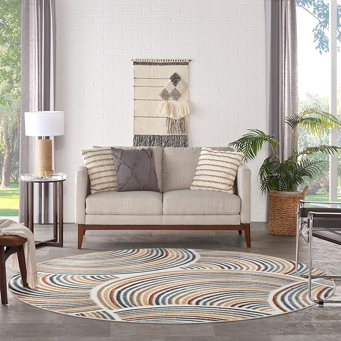Nourison Home Astra Machine Washable Ivory Multicolor 4' x Round Area Rug Easy Clean, Non Shedding, Bed Room, Living Room, Dining Room, Kitchen (4' x Round)