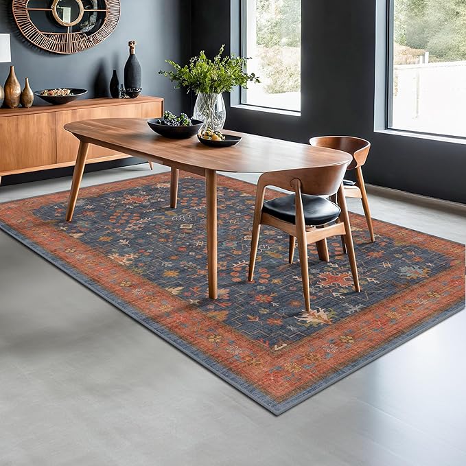 6x9 Dining Room Rugs for Under Table - Washable Area Rug for Living Room, Low Pile Non-Slip Rugs for Bedroom - Navy Blue & Terracotta Vintage Boho Eclectic Home Decor