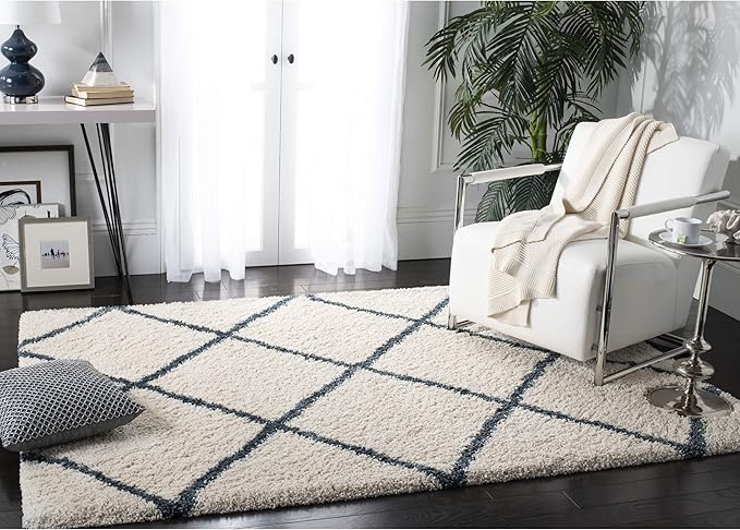 SAFAVIEH Area Rug 8x10 - Hudson Shag Collection - Large - Ivory & Slate Blue, Trellis Pattern, Non-Shedding & Easy Cleaning, Plush Thick Pile, Ideal for Living Room, Bedroom, Dining Space (SGH281T)