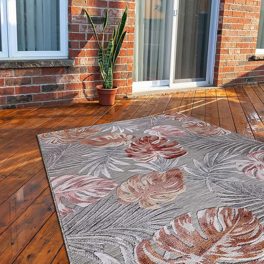 CAMILSON Indoor Outdoor Rug, Multi Color 6?셹9??Leaf Tropical Botanical Area Rugs for Indoor and Outdoor patios, Easy-Cleaning Non-Shedding Living Room, Garden and Kitchen Washable Outside Carpet (6x9)