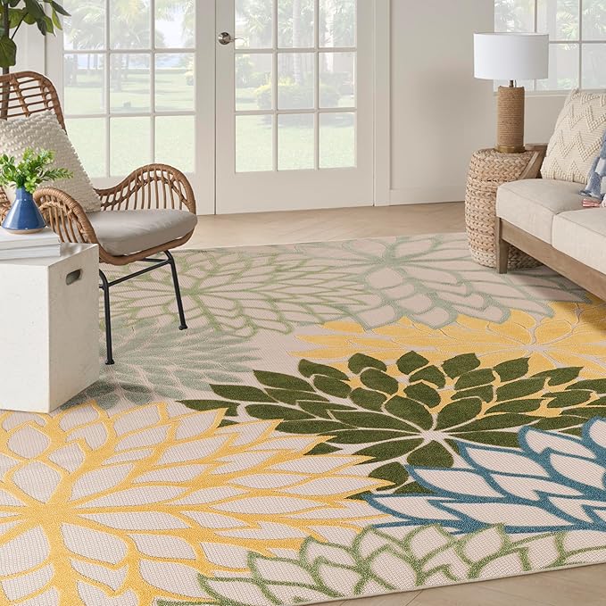 Nourison Home Aloha Indoor/Outdoor Green Multicolor 9' x 12' Area Rug, Easy-Cleaning, Non Shedding, Bed Room, Living Room, Dining Room, Backyard, Patio, Deck (9x12)