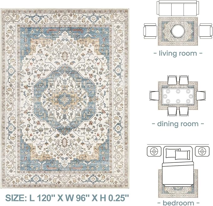 Area Rug for Living Room - 8x10 Soft Washable Oriental Vintage Floral Distressed Large Carpet - Fade Stain Resistant Non Slip Rugs for Bedroom Dining Room Nursery Dorm Office Home Decor - Blue/Beige