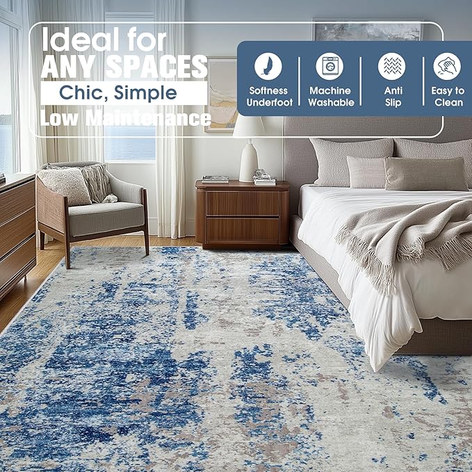 9x12 Area Rugs for Living Room Rug Washable: Abstract Large Rug for Dining Room Bedroom Carpet Non Slip 9 by 12 Indoor Modern Nursery Home Office Blue Grey White