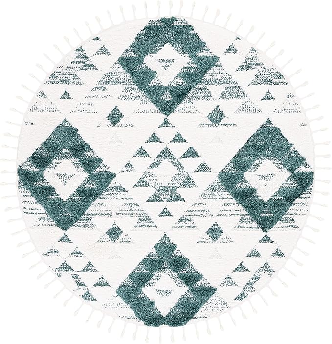 Safavieh Moroccan Tassel Shag Collection Area Rug - 3' Round, Green & Ivory, Plush 2-inch Thick, Ideal for High Traffic Areas in Living Room, Bedroom, Dining Room (MTS688Y-3R)
