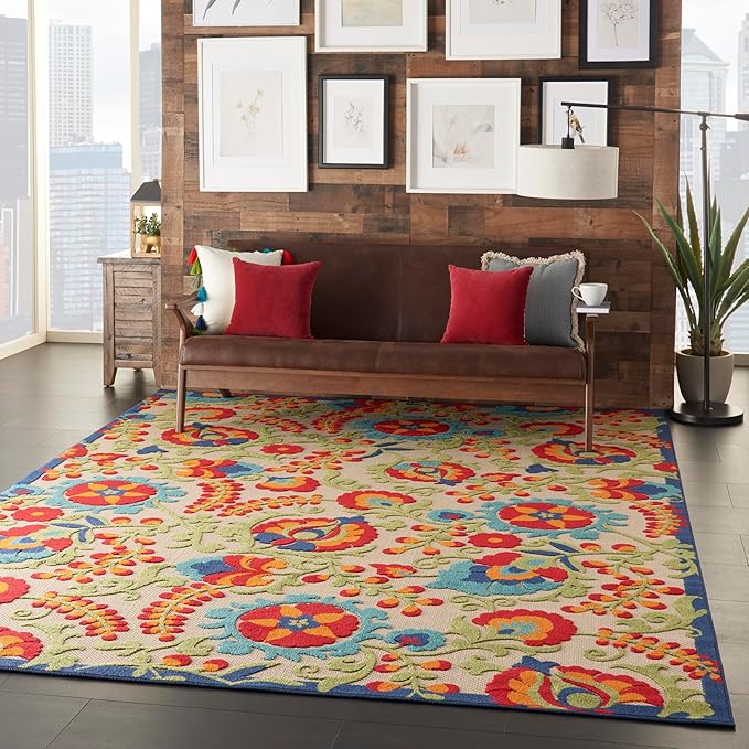 Nourison Home Aloha Indoor/Outdoor Multicolor 9'6'' x 13' Area-Rug, Easy-Cleaning, Non Shedding, Bed Room, Living Room, Dining Room, Backyard, Deck, Patio (10x13)