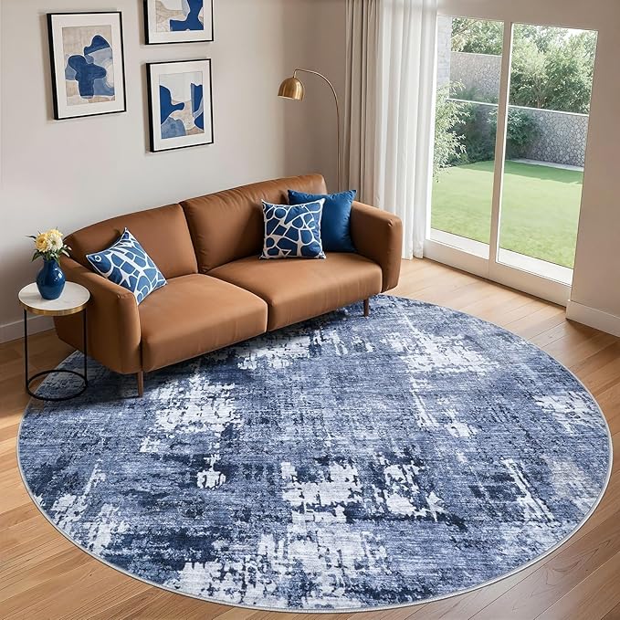 8ft Round Area Rug Living Room Rugs - 8x8 Washable Large Soft Indoor Neutral Modern Abstract Low Pile Rug Carpet for Bedroom Dining Room Farmhouse Home Office - Navy Blue