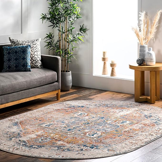 nuLOOM Harriet Vintage Medallion Fringe Area Rug - Oval 4x6 Area Rug Traditional Ivory/Multicolor Rugs for Living Room Bedroom Dining Room Kitchen