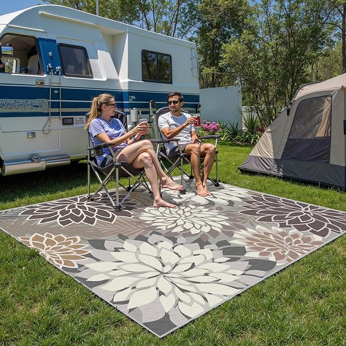 Indoor Outdoor Area Rug Washable Multicolored Patio Rug Tropical Botanical Modern Floral Indoor Outdoor Carpet Brown White Rug Non Slip Non Shedding for Patio, Deck, Backyard, Porch (9x12)