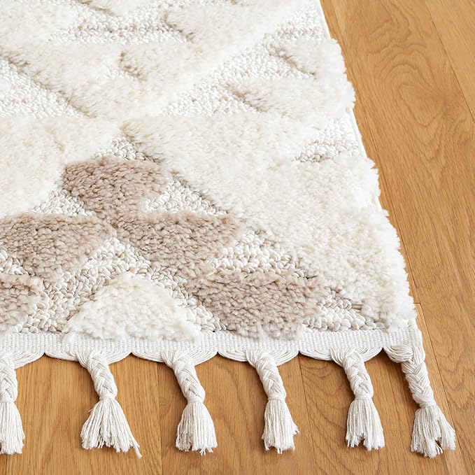 Safavieh Area Rug 8x10 - Moroccan Tassel Shag Collection - Large - Ivory & Beige, Boho Design, Non-Shedding & Easy Cleaning, Plush Pile, Ideal for Living Room, Bedroom, Dining Space (MTS688B)