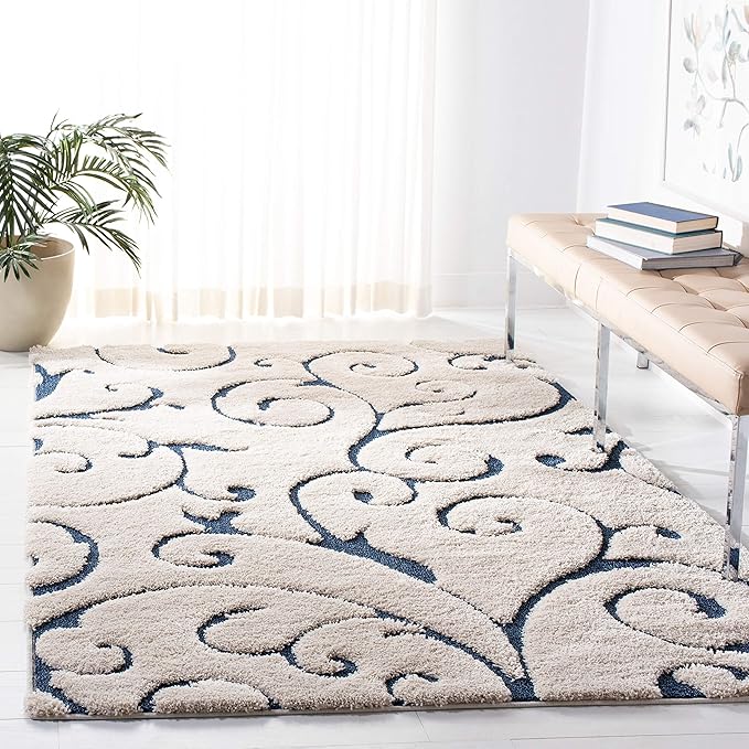 SAFAVIEH Florida Shag Collection Area Rug - 6' x 9', Cream & Blue, Scroll Design, Non-Shedding & Easy Care, 1.2-inch Thick Ideal for High Traffic Areas in Living Room, Bedroom (SG455-1165)