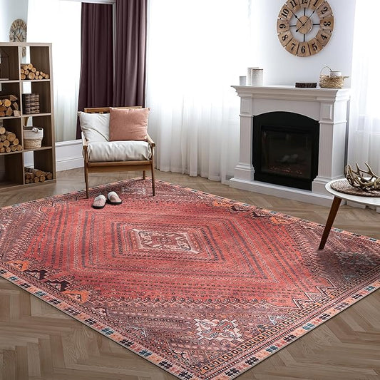 Bloom Rugs Washable Non-Slip 9' x 12' Rug - Red/Multicolor Traditional Bordered Area Rug for Living Room, Bedroom, Dining Room, and Kitchen - Exact Size: 9' x 12'