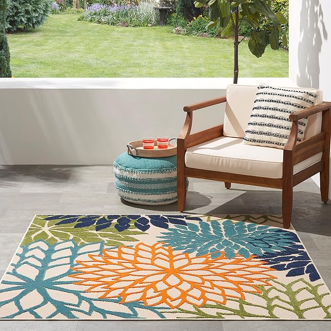 Nourison Home Aloha Indoor/Outdoor Multicolor 5'3" x 5'3"Square Area Rug, Tropical, Botanical, Easy Cleaning, Non Shedding, Bed Room, Living Room, Dining Room, Deck, Backyard, Patio (5 Square)