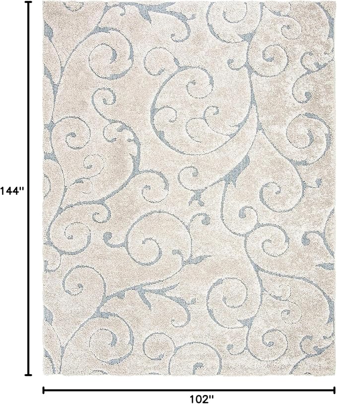 SAFAVIEH Florida Shag Collection Area Rug - 8'6" x 12', Beige & Blue Grey, Scroll Design, Non-Shedding & Easy Care, 1.2-inch Thick Ideal for High Traffic Areas in Living Room, Bedroom (SG455-1155)