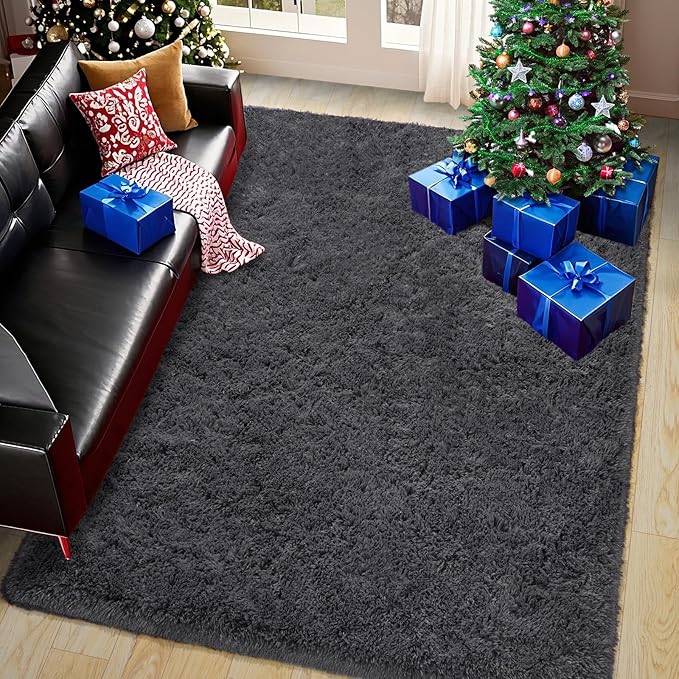 Fluffy Area Rug for Bedroom 4x6 Feet, Shag Soft Rug for Living Room, Indoor Comfy Cute Plush Bedside Carpet for Girls Boys Room Teens Dorm Nursery Decor, Charcoal Grey