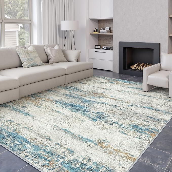 6x9 Area Rug Living Room Bedroom Carpet Washable Abstract Neutral Modern Large Blue Gray Accent Rug Dining Non Slip Low Pile Soft Thin Indoor Office Floor Throw Kitchen Contemporary