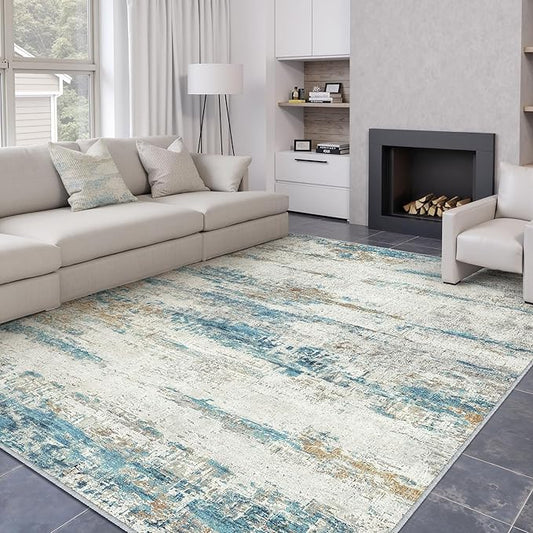 6x9 Area Rug Living Room Bedroom Carpet Washable Abstract Neutral Modern Large Blue Gray Accent Rug Dining Non Slip Low Pile Soft Thin Indoor Office Floor Throw Kitchen Contemporary