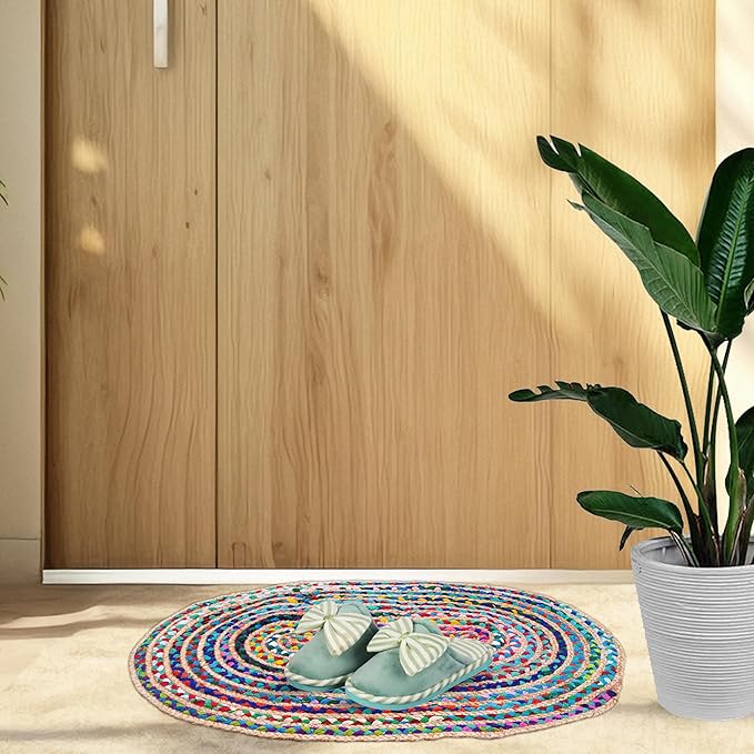 Craft Trade Hand Woven Jute Area Rug Multicolor Reversible Jute Area Rug Braided Farmhouse Living Room, Outdoor, Kitchen Bedroom Chindi Rug (2' x 3', Oval)