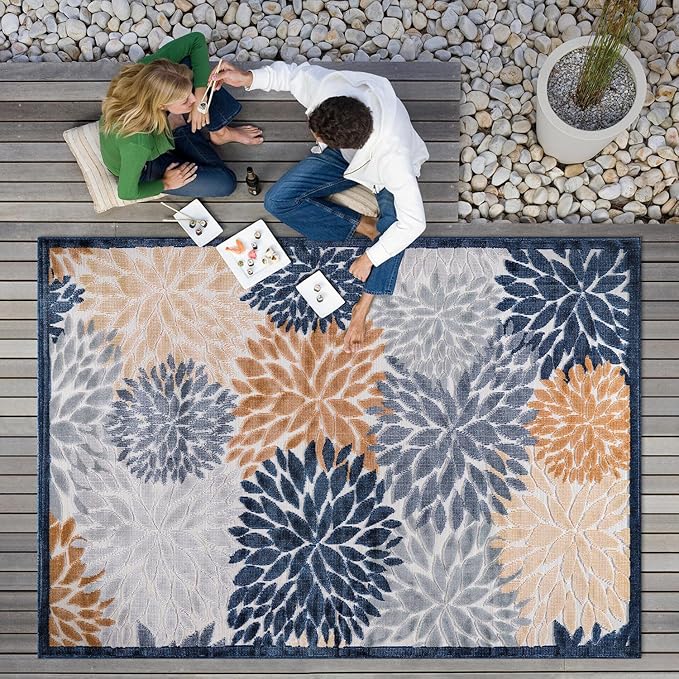CAMILSON Indoor Outdoor Rug, Multicolor 9?셹12??Floral Exotic Tropical Area Rugs for Indoor and Outdoor patios, Easy-Cleaning Non-Shedding Living Room, Garden and Kitchen Washable Outside Carpet (9x12)